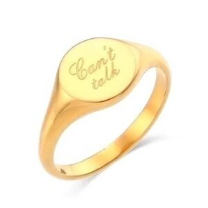 18K Gold Plated Stainless Steel Signet Ring Cant Talk Engraved Size 6